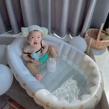 Портативная складная детская ванночка с надувным креслом для купания, детская ванночка из ПВХ с рисунком милого медведя