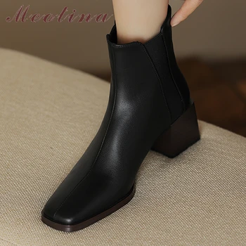 Meotina / Женские ботильоны из натуральной кожи с квадратным носком на высоком каблуке, короткие ботинки 