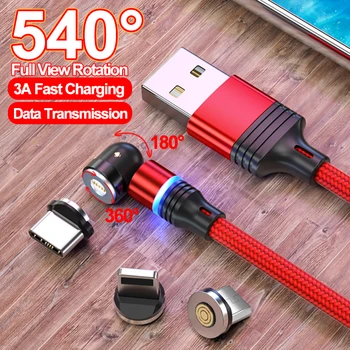 Вращающийся на 540 градусов Магнитный кабель для передачи данных 3A Micro USB Type C Телефон Кабель для Быстрой зарядки iPhone Samsung Xiaomi Зарядное устройство провод шнур