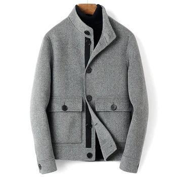 Осенне-зимние двусторонние пальто из чистой шерсти для мужчин со стоячим воротником, тонкая мужская одежда контрастного цвета, короткая корейская куртка, топ