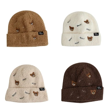 Детская шапка с вышитым медведем, мягкая детская шапочка-капор, зимняя теплая шапка для ребенка