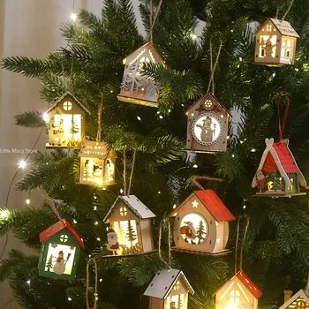 Настольные украшения для празднования Рождества, Деревянный Домик, креативная Светящаяся Рождественская елка, наряжаемая, Подвесные сувениры для вечеринок