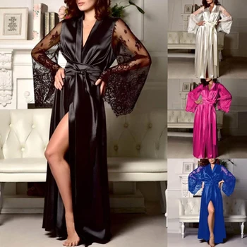 2023 Женское Сексуальное Длинное платье-кимоно, Кружевной банный халат, Женское белье, Ночная рубашка из ледяного шелка, Однотонная ночная рубашка S-XXL