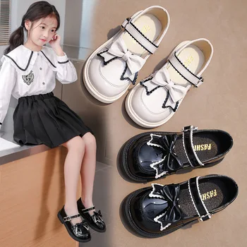 Детская кожаная обувь для девочек, Свадебное платье, школьная обувь принцессы, Детские Летние Черные Студенческие сандалии с бантом, Корейская мода