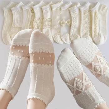 5 пар женских летних тонких носков с полыми кристаллами, Прохладные дышащие цветы, Белые невидимые носки-лодочки, Сетчатые ультратонкие носки EU 35-39