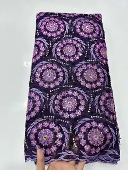 Продажа оптом африканской кружевной ткани 2023 Новейшая фиолетовая индийская ткань сари Из высококачественного тюля с блестками кружевная ткань свадебное платье