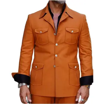 Карманный дизайн Мужские костюмы Оранжевый Комплект из 2 предметов Отложной воротник Осеннее пальто Брюки Деловой Дизайнерский жакет Брюки Мужские костюмы для выпускного вечера