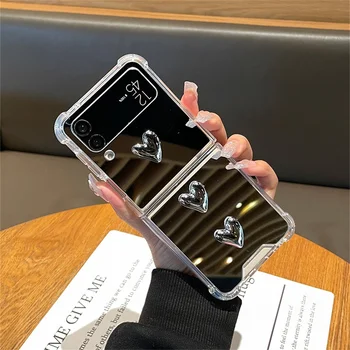 Модный Блестящий Зеркальный Чехол для Телефона Love Heart Mirror для Samsung Galaxy Z Flip 4 5G Flip4 Zflip3 Zflip Противоударная Задняя Крышка