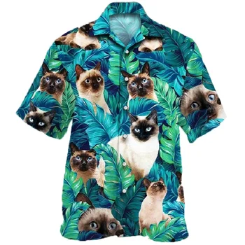 Мужские рубашки с гавайскими сиамскими кошками, рубашки для любителей кошек, пляжная рубашка для него, Гавайская летняя рубашка