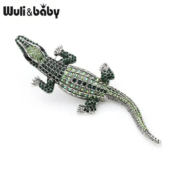 Wuli & baby Зелено-синие броши в виде крокодила со стразами Для женщин и мужчин, большие броши в виде животных из сплава для банкета, Булавки, подарки
