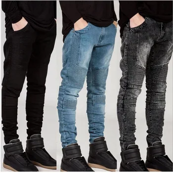 Европейские мужские байкерские джинсы, эластичные плиссированные мужские мотобрюки в обтяжку