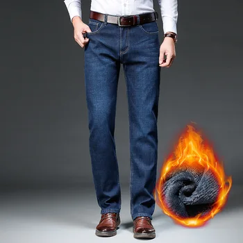 2023 Зимние Брендовые прямые флисовые толстые теплые джинсы Classic Badge Молодежные мужские деловые повседневные джинсы с высокой талией