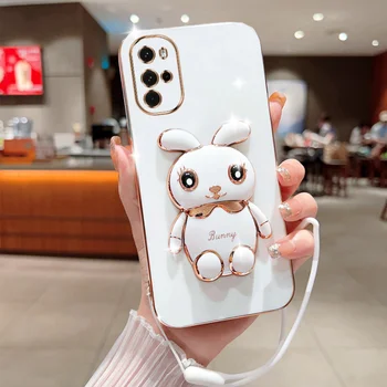 Чехол для телефона с милым мультяшным кроликом для Motorola G22 с покрытием и ремешком, роскошная складная подставка