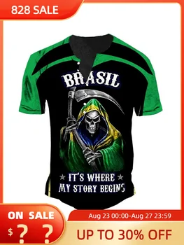 Винтажная футболка с V-образным вырезом в Бразилии, короткий рукав, 3d готические рубашки Хенли Для мужчин, топы, футболка оверсайз, мужская одежда, уличная одежда в стиле панк