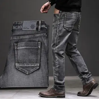 Прямые брюки из высококачественного стрейчевого денима для мужчин, деловые модные мужские брендовые брюки: Свободные винтажные серые повседневные длинные брюки