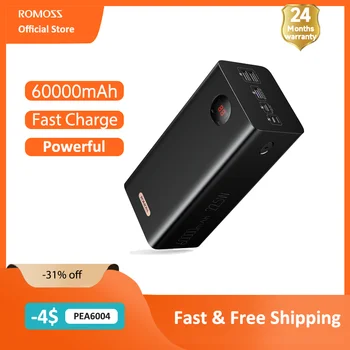 ROMOSS PEA60 Мощный Power Bank 60000mAh 22,5 Вт SCP PD QC 3,0 Быстрая Зарядка Внешнего Аккумулятора Портативный Powerbank Для Xiaomi iPhone