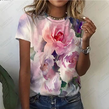 2023 Женская летняя горячая распродажа, Новая модная футболка с цветочным 3D-принтом с коротким рукавом и круглым вырезом, Свободный топ в повседневном стиле