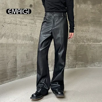 Мужская уличная мода, повседневные винтажные кожаные прямые сетчатые брюки-клеш для вечеринок, мужские мотоциклетные брюки, брюки