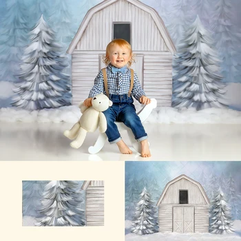 Белые снежные фоны сарая, детская портретная фотография, реквизит для фотосессии взрослых и детей, Рождественские елки, фон перед снежным домом