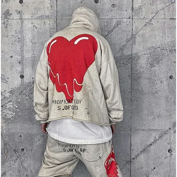Винтажный свитер Saint Michael 2023SS, мужская и женская свободная толстовка с капюшоном в стиле хип-хоп с поврежденными граффити