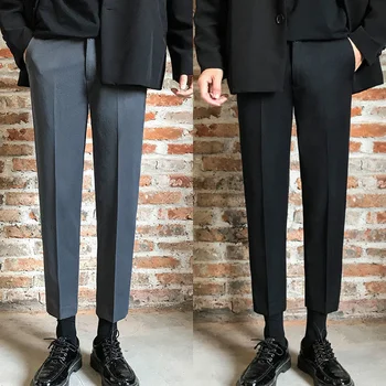 Мужской официальный весенний костюм, укороченные брюки, свободные, прямые, приталенные, маленькие ножки, Корейский тренд, Офисные брюки в тонком стиле, мужские Серые, черные