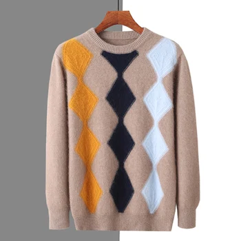 Осенне-зимняя мужская одежда 2023 года с круглым вырезом в форме ромба, контрастный свитер из 100% норкового флиса, утолщенный пуловер, джемпер