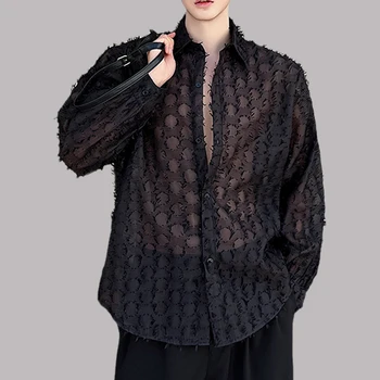 Модная мужская рубашка ручной работы, шерстяной сетчатый лацкан, уличная одежда с длинным рукавом, свободные майки, шикарная мужская одежда в корейском стиле