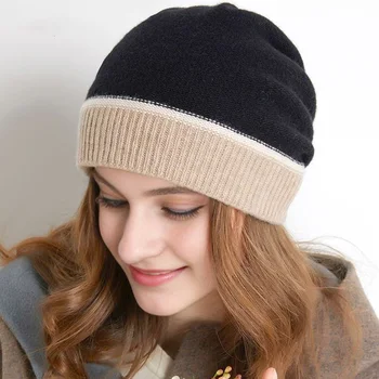 Зимняя вязаная шапка с напуском, Кашемировая шапка-бини, теплые однотонные шерстяные женские шапочки с мягкой пушистой строчкой, повседневная шапочка с черепом