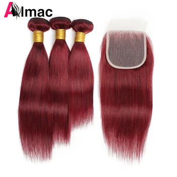 99J Пучки прямых человеческих волос Red Indian Remy с застежкой 4x4 с прозрачным кружевом 95 г / ШТ. Бордового цвета, 3 пучка Almac