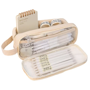 Симпатичный двухслойный пенал с ручкой со встроенным прозрачным отделением, канцелярская сумка для хранения мелких предметов или аксессуаров