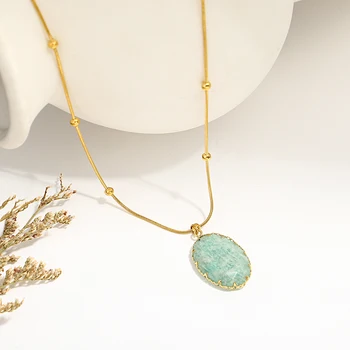 Amorcome Модное ожерелье из нержавеющей стали для женщин с зелеными натуральными камнями, подвеска в виде змеиной цепочки, ожерелья, ювелирные изделия