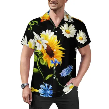 Желтые Повседневные рубашки с подсолнухом, бело-голубые рубашки с цветочным принтом, Гавайские крутые блузки для мужчин, изготовленные на заказ, большого размера
