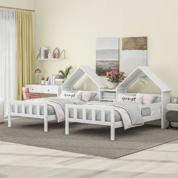 Детская кровать, Двуспальная кровать Twin Size, Простая дизайнерская кровать-платформа с изголовьем в форме домика и встроенной тумбочкой, Для спальни