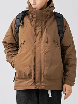 Зимняя куртка-карго, мужская однотонная пуховая куртка с капюшоном и большим карманом, мужская ретро однотонная теплая ветровка на открытом воздухе, пуховик