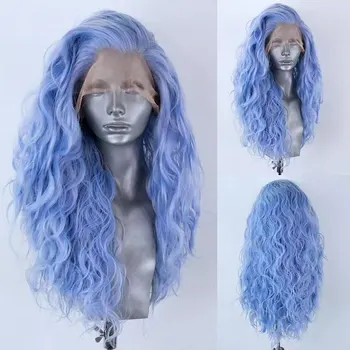 Небесно-Голубой Синтетический Парик Фронта Шнурка Волос Волна Воды Вьющиеся Высококачественные Термостойкие Волокна Предварительно Выщипанные Натуральные Волосы Для Женщин