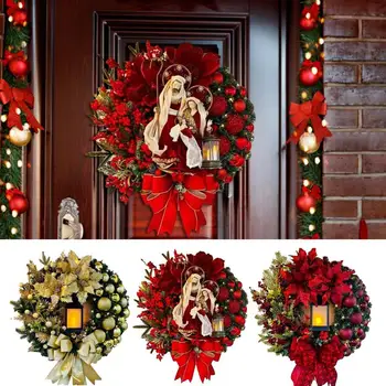 Рождественский венок для входной двери, беспроводной светодиодный Венок с искусственным цветком, Реалистичный Дверной декор, Декоративный Венок для стены