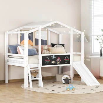 Двуспальная кровать-чердак с лестницей и горкой, домашняя кровать с классной доской и световой лентой на крыше, удобное использование для детской спальни