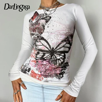Darlingaga Fairycore Винтажные тонкие женские футболки Y2K Эстетичный принт бабочки Осенний пуловер 90-х Со стразами Топы Kawaii