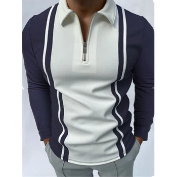 Мужская одежда большого размера, повседневная спортивная деловая рубашка-поло, мужская спортивная рубашка-поло с принтом в полоску, деловая рубашка-поло на молнии с лацканами.