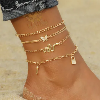 Новые многослойные браслеты с подвеской-бабочкой для женщин из нержавеющей стали золотого цвета, летние пляжные украшения, модная цепочка для ног, подарок