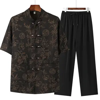 Вышивка в китайском стиле, свободный повседневный уличный костюм, Модные футболки тайцзи с короткими рукавами, Комплект брюк, Мужская верхняя мужская одежда
