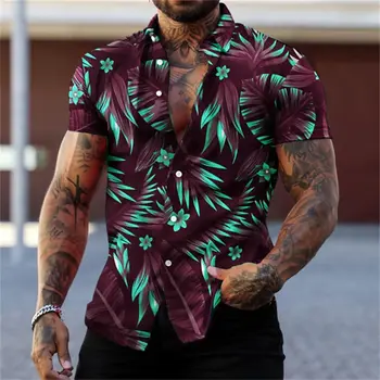Мужская рубашка С Графическим Рисунком, Рубашка Aloha С Графическими Листьями, Отложной 3D Принт, Уличная Повседневная Одежда С Коротким Рукавом и 3D Пуговицами, Дышащая