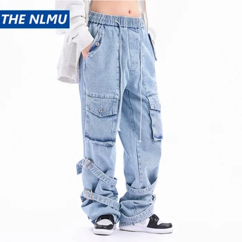 Мужские свободные джинсы-карго Синие Прямые джинсовые брюки с несколькими карманами Уличная одежда Harajuku в стиле хип-хоп с эластичным поясом Baagy Jeans High Street