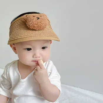 Милый Летний Плюшевый Мишка Осенняя кепка с широкими полями и защитой от ультрафиолета в Корейском стиле, Пустой цилиндр, Детская соломенная шляпа, Детская шляпа с солнцезащитным козырьком