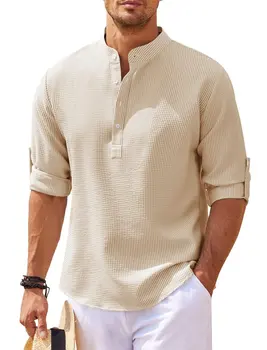 Мужская Повседневная блузка, рубашка со стоячим воротником, футболка, Топы с длинным рукавом, Однотонная Свободная Осенняя одежда 2023 года, Красивые Мужские рубашки