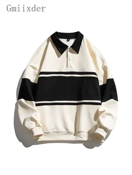 Американская рубашка с отворотом в стиле ретро, контрастная толстовка на пуговицах, мужской Женский пуловер с отложным воротником в полоску оверсайз Оверсайз