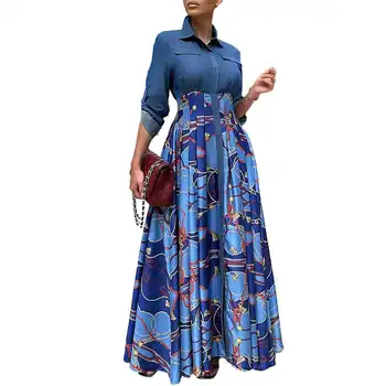 Осень 2023 Африканские платья для женщин Африканский принт с длинным рукавом Полиэстер Красный синий Длинное платье Макси Платье Африканская одежда