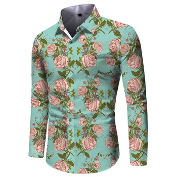 Зеленая рубашка с длинными рукавами, весна-лето-осень, мужские винтажные вечерние рубашки с цветочным принтом, повседневные молодежные рубашки с отворотами, сорочка