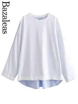 2023 bazaleas store traf Бело-синяя Повседневная футболка Элегантные Рубашки Асимметричный Свободный Пуловер официальная женская одежда