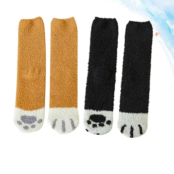2 пары носков с рисунком кошачьих когтей из кораллового флиса средней длины, теплые носки для пола, пушистые носки для сна (черные, желтые)